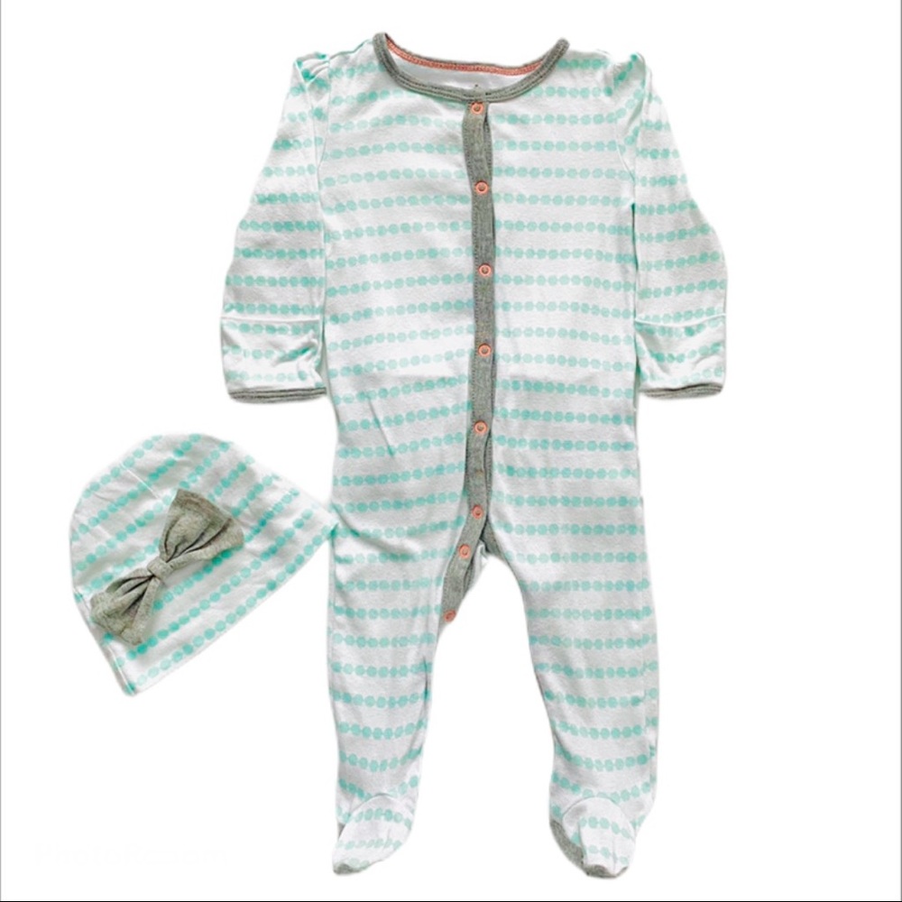 2 Piece Mint Stripe Ruffle Bum Sleeper & Bow Hat